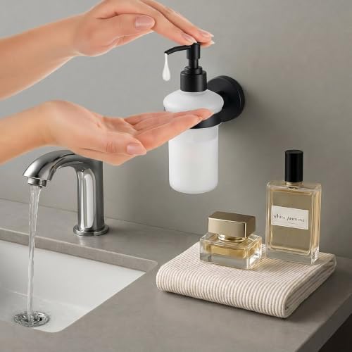 1 Pack Hand Soap Dispenser Wall Mount Bathroom Glass Soap Dispenser Pump Bottle with Stainless Steel Pump for Kitchen Bathroom Countertop (Black) - color: Black