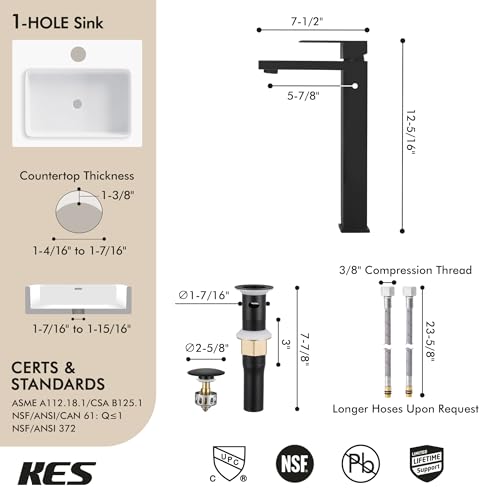 KES Vessel Sink Faucet, Black Bathroom Faucets, Tall Bathroom Faucets with Sink Drain with Overflow, L3156BLFF12-BK-C1 - color: Black, style: w/ Drain (WITH Overflow) - TALL Faucet