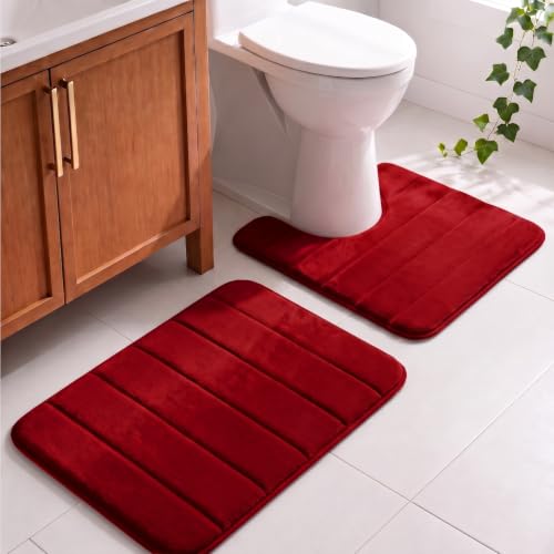 U-Shaped Toilet Bath Mat Set 2 Piece - Super Soft Absorbent Quick Dry Memory Foam Bathroom Rugs, Machine Washable Non Slip Floor Carpet for Tub Shower & Single Sink 16x24 & 20x20,(Burgundy) - color: Burgundy