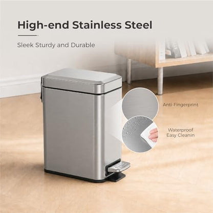 Sineng Bathroom Trash Can with Lid Soft Close, 1.6 Gallon Stainless Steel Small Pedal Garbage Can with Removable Inner Bucket, Waste Bin for Kitchen Bedroom, Compact Toilet Trash bin - color: stainless steel