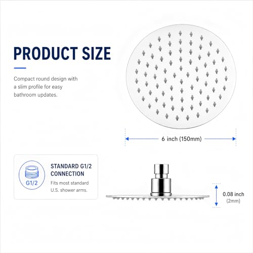 6 Inch Round Rain Shower Head Metal Stainless Steel High Flow Rainfall Shower Head with Self-Cleaning Silicone Nozzles Universal 1/2" Wall Mount for Bathroom - size: 6 Inch Round