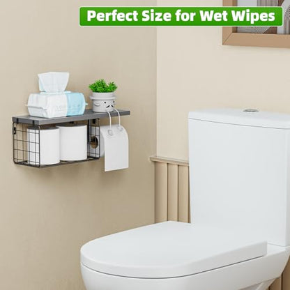 VITVITI Toilet Paper Holder with Shelf, Wall Mounted Storage Basket, Gray | Farmhouse Wall Mount Toilet Paper Holder Shelves, Wood Metal Toilet Roll Wipes Holder for Bathroom - color: Gray