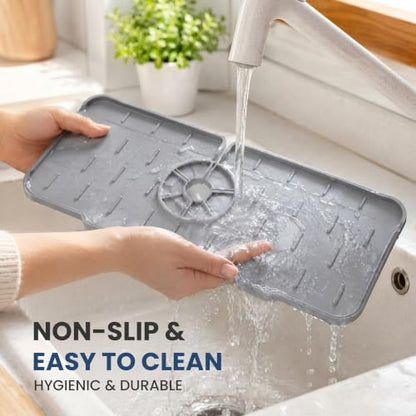 Faucet Splash Guard Mat for Kitchen Sink, Gray & Black, Set of 2 | TPR Drain Pad, Adjustable Center Hole, Self-Draining, Non-Slip, Fits 1.5"–2.5" Base
