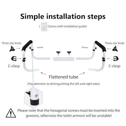 Toilet Safety Rails for Seniors, 17-21 in Width, 350 lb Capacity | Fits standard and elongated toilets; non-slip foam grips and tool-free setup using existing seat bolts. - color: Black/White