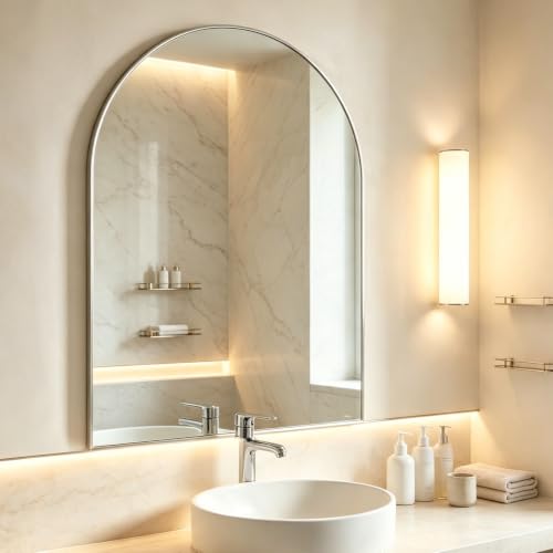 Arched Wall Mirror for Bathroom, 30"x40" Arched Mirror Wall Mounted Mirror with Metal Frame, Silver Vanity Mirror Decor for Mantle, Bedroom, Entryway, Living Room - color: Silver, size: 40"L x 30"W