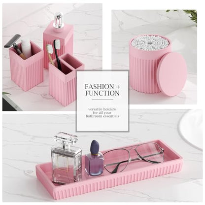 6-Piece Pink Bathroom Set - Sleek Resin Bathroom Accessories Set with Soap Dispenser, Toothbrush Holder, Vanity Tray, Tumbler & Apothecary Jars for Small Spaces - color: Pink