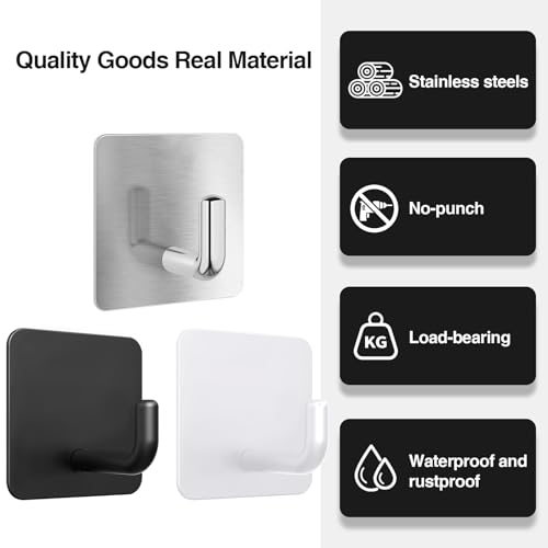 16PCS Bath Towel Hooks, Self Adhesive Hook, Waterproof Self Adhesive Shower Wall Hooks for Bathroom Kitchen Door Window Cabinet, Stainless Steel(Black - Square)