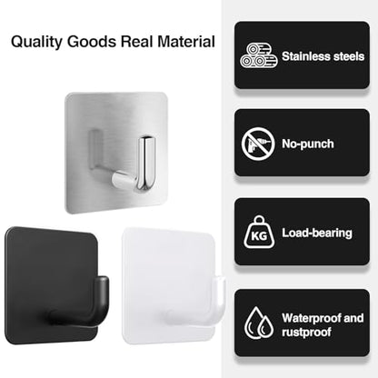 16PCS Bath Towel Hooks, Self Adhesive Hook, Waterproof Self Adhesive Shower Wall Hooks for Bathroom Kitchen Door Window Cabinet, Stainless Steel(Black - Square)