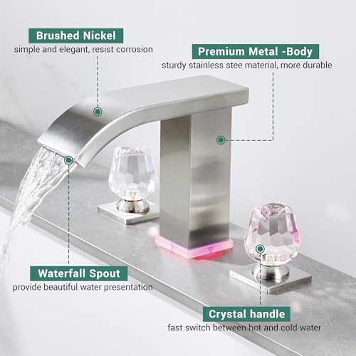 Bathroom faucets 3 Hole Widespread Brushed Nickel Bathroom Sink Faucet 8 inch LED Light Modern 3 Hole Vanity Faucet Bathroom with Pop Up Drain (Brushed Nickel) - color: Brushed Nickel