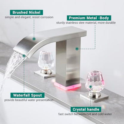 Bathroom faucets 3 Hole Widespread Brushed Nickel Bathroom Sink Faucet 8 inch LED Light Modern 3 Hole Vanity Faucet Bathroom with Pop Up Drain (Brushed Nickel) - color: Brushed Nickel