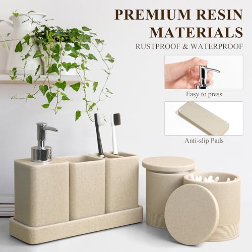 Bathroom Accessories Set, 6 Piece Soap Dispenser Set - Sand Beige | Bathroom Set with Toothbrush Holders, Soap Dispenser, Vanity Tray, Tumbler, Cotton Swab Jars, Bathroom Organizer and Storage - color: Beige