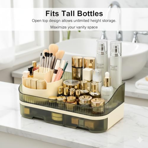 Makeup Organizer Countertop with Dual Drawers | Plastic, Vanity Bathroom Desk, 360° Rotating, Easy Clean, Cosmetic Skincare - color: green