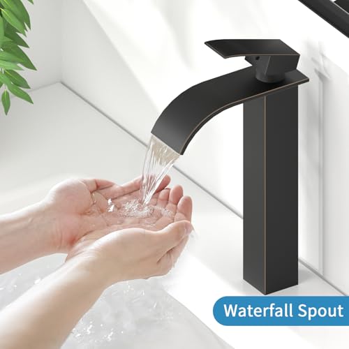RUMOSE Tall Bathroom Faucet Vessel Sink Faucet with Drain, Bronze | Modern Single Handle One Hole Bathroom Faucet Waterfall Rv Lavatory Vanity Faucet Mixer Tap, Pop Up Drain, Stainless Steel - color: Oil Rubbed Bronze
