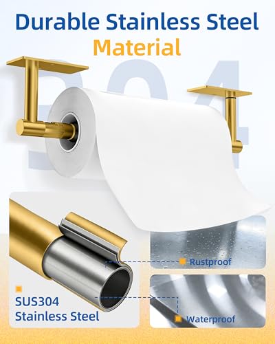 RUACQ Paper Towel Holder Under Cabinet, One Hand Tearing Paper Towel Holder with Damping Effect, Wall Mount & Adhesive Stainless Steel Paper Roll Holder for Kitchen Bathroom (Brushed Gold) - color: Brushed Gold, size: One Hand Tear - Rectangle