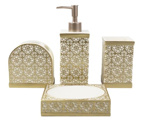 Hymmah Gold Bathroom Accessories Set,Farmhouse Bathroom Decor,4 Pcs Resin Gift Set Apartment Necessities, Contain Cotton Swab Jar,Soap Dispenser,Tumbler，Soap Dish/Tray - color: Gold