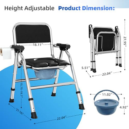 4 in 1 Folding Bedside Commode Chair for Elderly, Padded Seat & Backrest | Adjustable Height Raised Toilet Seat with Handles, Adults Potty Chair for Seniors, Disabled, Holds Up to 350 lbs - color: With Paper Roll Holder