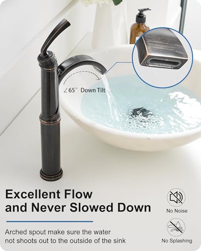 Waterfall Vessel Sink Faucet Oil Rubbed Bronze, Brass Tall Bathroom Faucet with Pop-up Drain, cUPC Supply Hoses, Single Handle for Vanity, Farmhouse, 1 Hole Vessel Sink, 5 Mins Quick Install - color: Oil Rubbed Bronze