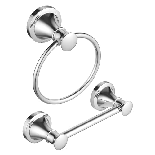 RUMOSE Pivoting Toilet Paper Holder and Hand Towel Ring, Polished Chrome | Wall Mount, Bathroom Hardware Accessories 2 PCS Set, Toilet Tissue Roll Holder & Towel Hanger, Rustproof, Stainless Steel - color: Polished Chrome