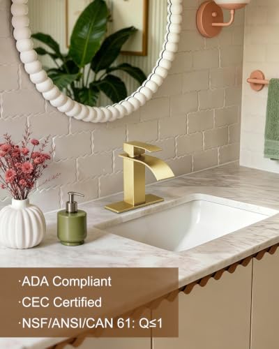 Waterfall Single Handle Bathroom Sink Faucet with Drain Gold | Brushed Gold Vanity Faucet with Pop-up Drain, Ceramic Valve, for 1 or 3 Hole Modern Bathrooms. - color: Light Gold