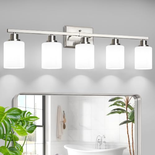 5-Light Bathroom Light Fixtures, Modern Brushed Nickel Vanity Light Over Mirror, Wall Sconces with Milky White Glass Shades for Living Room Bedroom Hallway E26 Base - color: Brushed Nickel & Milky White Glass, size: 5 Light