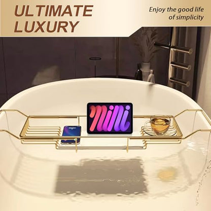 Bathtub Tray Stainless Steel with Marble Base Gold Bathtub Tray with White Marble Base Adjustable & Rustproof Bath Caddy for Spa, Relaxation, Bath Bombs - color: Gold