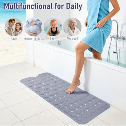 Bath Mat for Tub Non Slip 35*16 In, Silicone Anti Slip Shower Mat Bathtub Acupressure Relief for Kids Elderly Machine Washable with Antislip Textured Safety Strong Suction Cups & Drain Holes Easy Dry - color: Purple