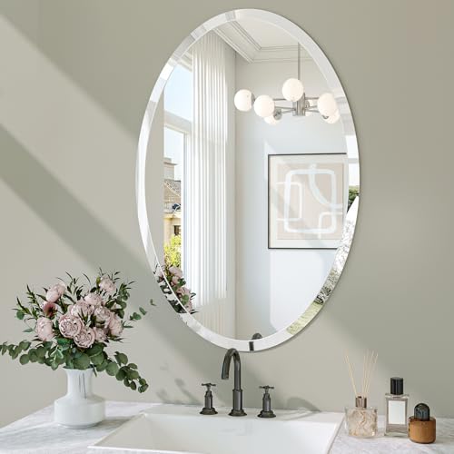 Frameless Oval Mirror, 18"x26" Beveled Bathroom Vanity Mirrors | 20mm beveled edge, 5mm HD glass, frameless, anti-rust, shatterproof, french cleat, horizontally or vertically - size: 18"L x 26"W