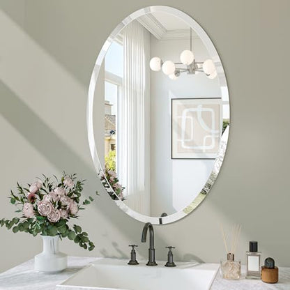 Frameless Oval Mirror, 18"x26" Beveled Bathroom Vanity Mirrors | 20mm beveled edge, 5mm HD glass, frameless, anti-rust, shatterproof, french cleat, horizontally or vertically - size: 18"L x 26"W