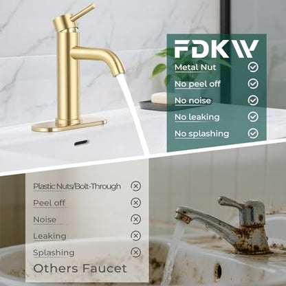 Bathroom Faucet, Single Handle Vanity Sink Faucet, Brushed Gold | Brushed Gold, for 1/3-Hole, Stainless Steel, Ceramic Cartridge, Pop-Up Drain, Deck Plate, For Vanity Powder Laundry - color: Brushed Gold