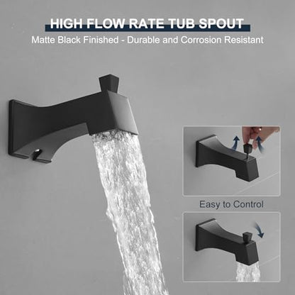Tub Shower Faucet, Matte Black Shower Faucet Set with valve | 8-Inch Square Rain Shower Head and Tub Spout, Brass Shower System Bathtub Shower Faucet Set Complete, Tub shower faucet set