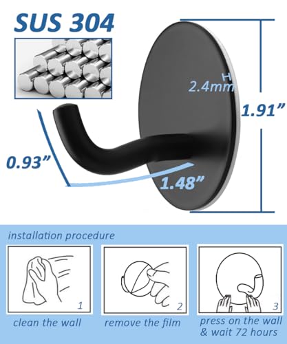Matte Black Adhesive Towel Hooks 6 Pack Heavy Duty Wall Hooks for Hanging Robes, Loofah, Towels, Clothes Coat Hooks Stick on Bathroom or Kitchen Stainless Steel