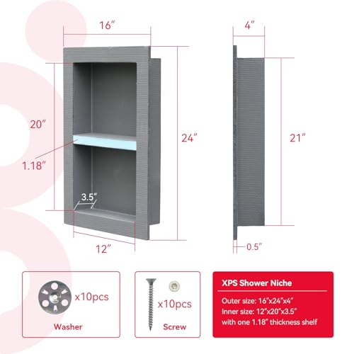 Shower Niche Insert Tile Ready 12x20 | Embedded size 13x21, mortar surface for strong tile bonding, waterproof coating for double water protection, double shelf - size: 12" x 20"