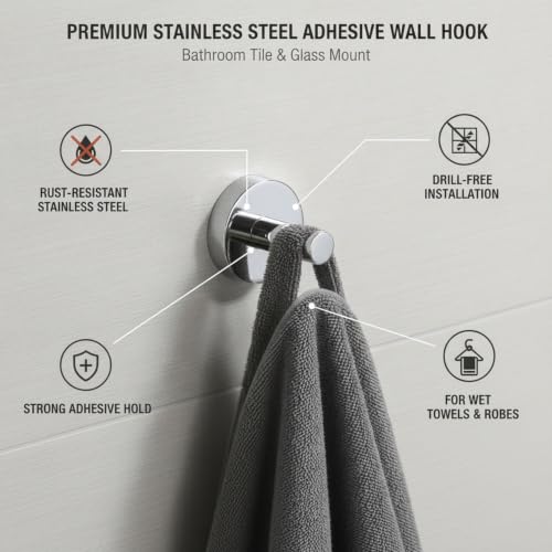 Wall Hook Stainless Steel Adhesive Mount for Bathroom Tile and Glass, Drill-Free Holder for Wet Towels and Robes (1 Piece) - size: 1.93 x 1.97 x 0.63 in