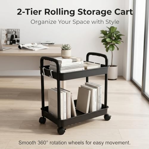 2-Tier Black Rolling Storage Cart with 4 Hanging Hooks - Slim Mobile Utility Cart Organizer, Compact Multi-Functional Narrow Rolling Shelf Rack on Wheels for Kitchen, Bathroom, Laundry Room, Office