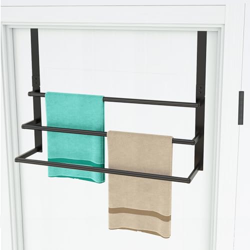 24Inch Over the Door Towel Rack, Stainless Steel DOKU Door Towel Hanger, Over Door Towel Holder with 3 Tier Towel Bars, Matte Black Over Door Towel Storage for Bathroom