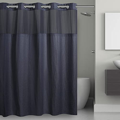 Hookless It’s A Snap! Waffle Shower Curtain, 3-in-1 Shower Curtain Includes Fabric Shower Curtain with Sheer Top Window, Flex-On Rings & Fabric Liner, 71” x 74”, Navy - color: Navy, size: 71"W x 74"L (Pack of 1), style: Without Magnets