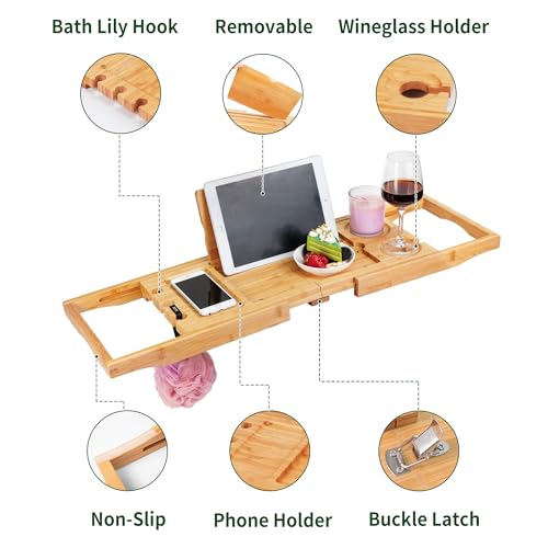 Utoplike Bamboo Bathtub Caddy Tray for Tub, Expandable Bath Table Trays | Adjustable, Bathroom Organizer with Book Tablet Stand, Wine Glass Cup, Towel Holder (24.5"-37.4") - color: 24.5-37.4 in