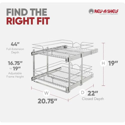 Rev-A-Shelf 2-Tier Pullout Shelf and Drawer Organizer for Kitchen Cabinets, Slide Out Storage Basket, Min Opening Width of 20.5", 21" x 22", 5WB2-2122CR-1 - size: 21" W x 22"D, style: Two Tier