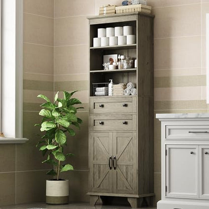 72" Farmhouse Storage Cabinet, Tall Bathroom Cabinet with 2 Drawers, Adjustable Shelves and Barn Door, Freestanding Cabinets for Bathroom, Living Room, Kitchen, Grey - color: Grey