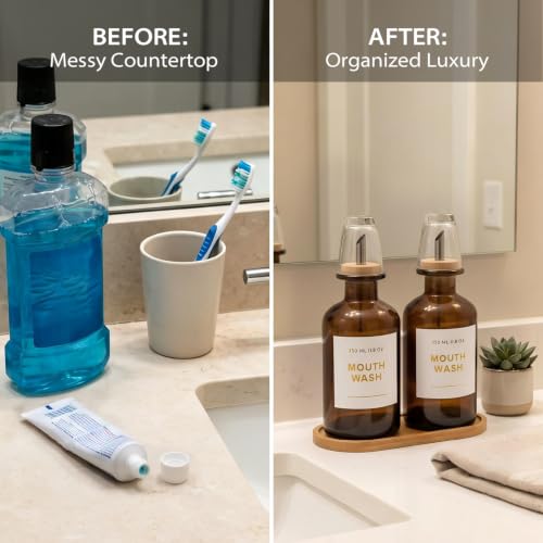 11.8OZ Glass Mouthwash Dispenser, Set of 2, Amber | Stainless Steel & Bamboo Nozzle, Mouthwash Cup Reusable, Bamboo Tray, Elegant Gold Sticker - color: Amber/350*2