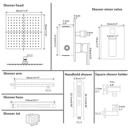 RUMOSE Rainfall Shower System with 4 Full Body Jet 4 Mode Shower Faucet Set | 12 Inch Rain Shower Head, 2 in 1 Handheld Spray, Polished Chrome Brass Shower Jet Shower Fixtures, Wall Mounted - color: Polished Chrome