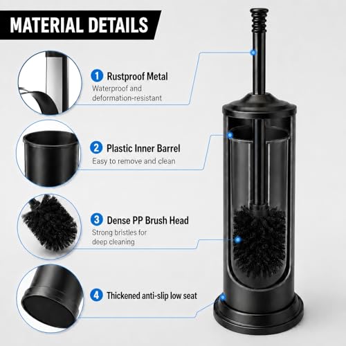Black Toilet Brush and Holder Set，Extra Long Handled Toilet Bowl Brush and Holder，Stainless Steel Heavy Duty Toilet Brush for Bathroom,Deep Cleaning Modern Toilet Cleaner Slip Base - color: Black