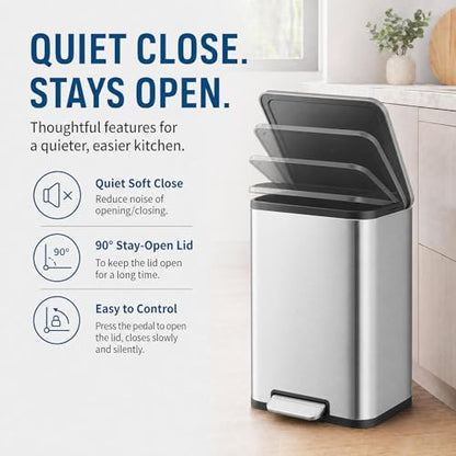 GarveeHome 8 Gal Kitchen Trash Can, Stainless Steel Garbage Can, Silver | Soft Close Lid, Hands-Free Foot Pedal, Removable Inner Bucket, Rectangular Step On Waste Bin for Home Office Living Room - color: Stainless Steel, size: 30 L
