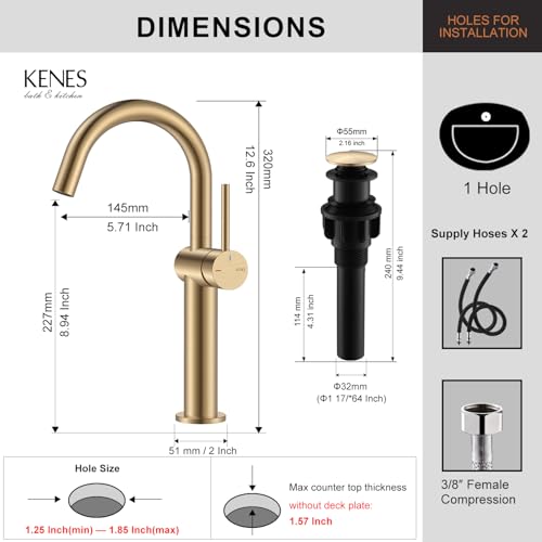Champagne Bronze Vessel Sink Faucet, 1 Handle Tall Bathroom Faucet | Vessel Bowl Faucet with Pop Up Drain & Supply Lines, Lead-Free cUPC & NSF Certified, 1 Hole Faucet for Vanity RV Restroom - color: Champagne Bronze, size: Tall