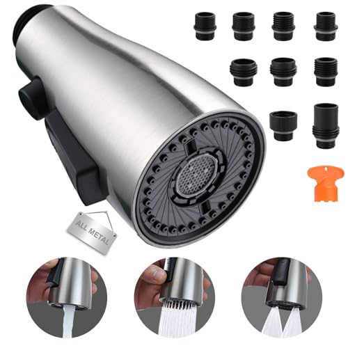 Metal Kitchen Faucet Head Replacement, 3-Function Pull Down Spray Head for Kitchen Faucet, High Pressure Sink Spray Nozzle with 9 Adapters Compatible with American Standard, Brushed Nickel - color: Brushed Nickel