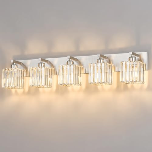 Modern Vanity Light 5-Lights Brushed Nickel Vanity Light Crystal Bathroom Wall Light Bathroom Light Fixtures - color: Nickel Straight, size: 5-light