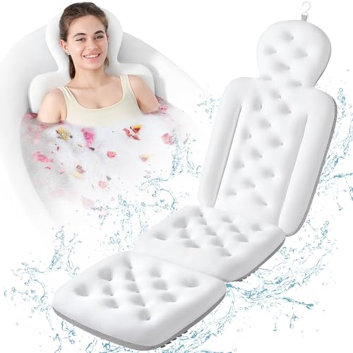 Luxury Bath Cushion, Full Body Bathtub Pillow with 160 Suction Cups, Bath Mat for Head and Neck Support, with Laundry Bag (White, 56" x 16") - color: White, size: 56" X 16"