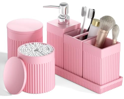 6-Piece Pink Bathroom Set - Sleek Resin Bathroom Accessories Set with Soap Dispenser, Toothbrush Holder, Vanity Tray, Tumbler & Apothecary Jars for Small Spaces - color: Pink