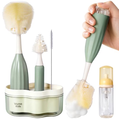 Baby Bottle Brush Set with Soap Dispenser, Foaming Brush & Drying Stand | Soft Silicone Bristles, Fan-Shaped Deep Cleaning Head, 3-Piece Kit with Nipple & Straw Brushes, Quick-Dry Storage, BPA-Free