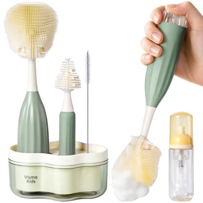 Baby Bottle Brush Set with Soap Dispenser, Foaming Brush & Drying Stand | Soft Silicone Bristles, Fan-Shaped Deep Cleaning Head, 3-Piece Kit with Nipple & Straw Brushes, Quick-Dry Storage, BPA-Free